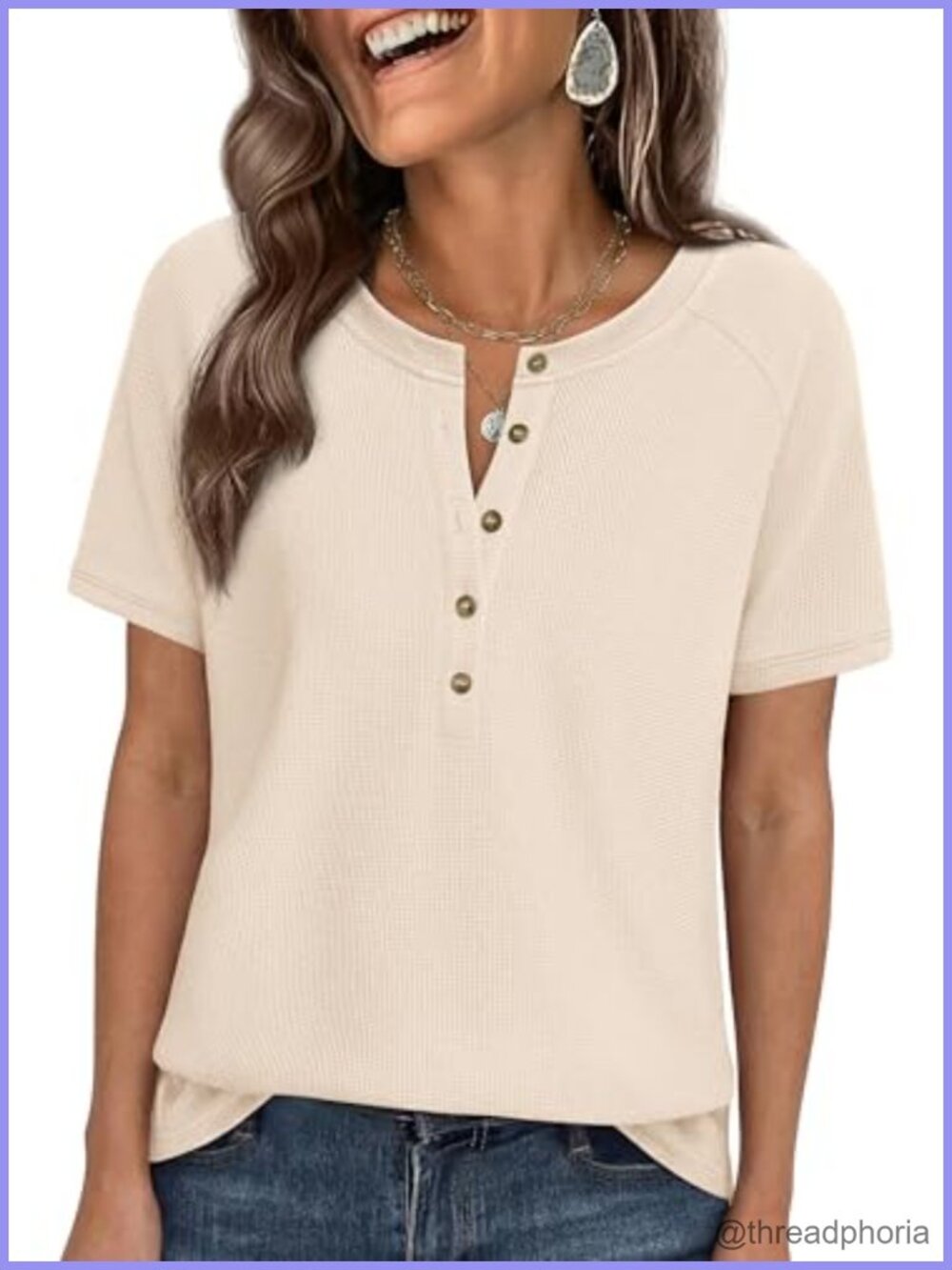 Waffle Knit Henley Short Sleeve Top Relaxed Fit Casual T-Shirt